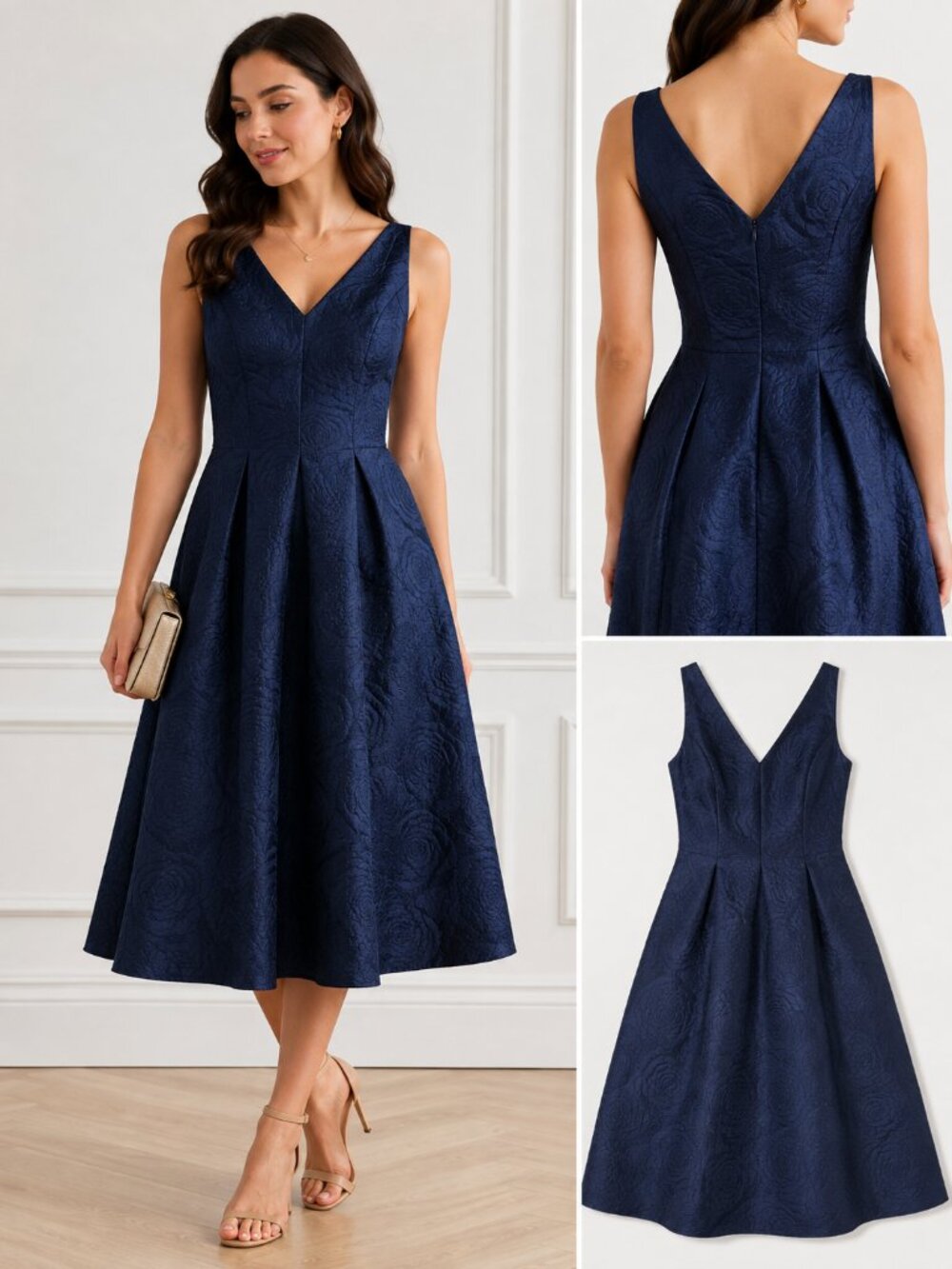 Lauren Ralph Lauren Navy Floral Jacquard Midi Dress Size 10 | Elegant Occasion